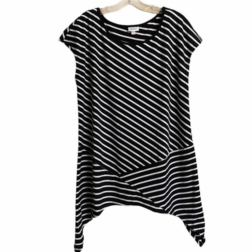 Avenue Tunic Mariah Handkerchief Hem Blouse Black White Striped Women 14/16 NWT